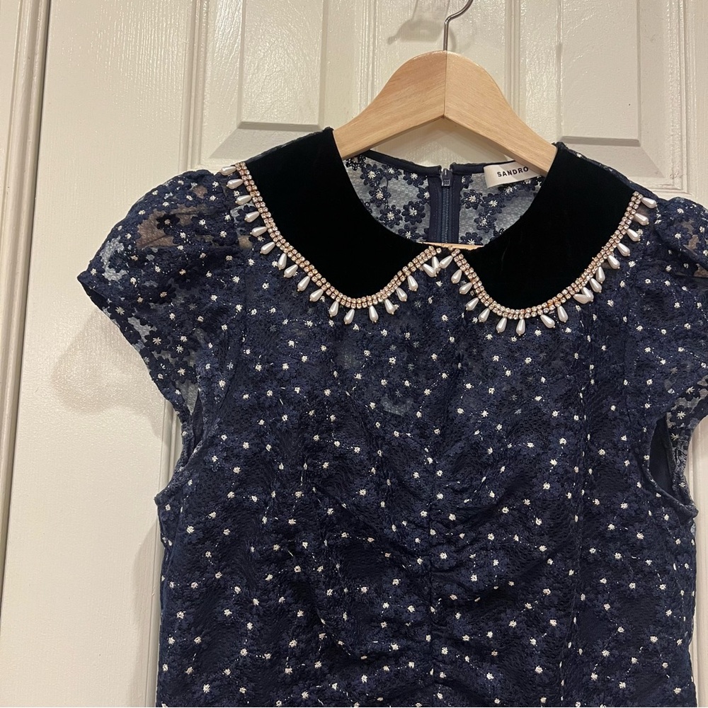 SANDRO Lucianita Dress Navy Lace Mini Dress with Beaded Collar 38 - Picture 7 of 15
